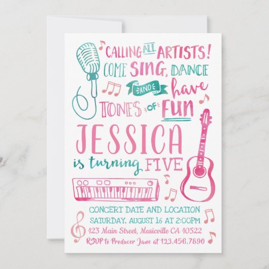 Waterverf zangeres verjaardagsuitnodiging kaart (Voorkant)