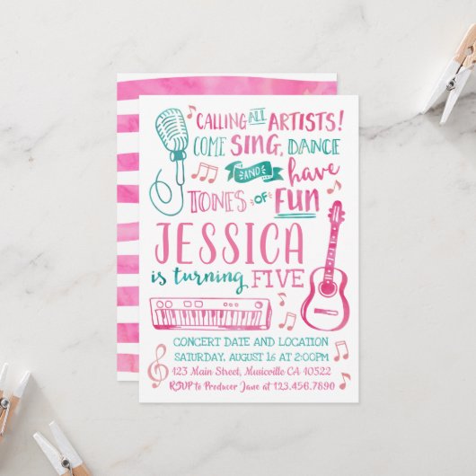 Waterverf zangeres verjaardagsuitnodiging kaart (Voorkant / Achterkant in situ)