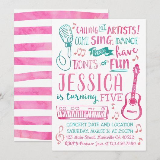 Waterverf zangeres verjaardagsuitnodiging kaart (Voorkant / Achterkant)