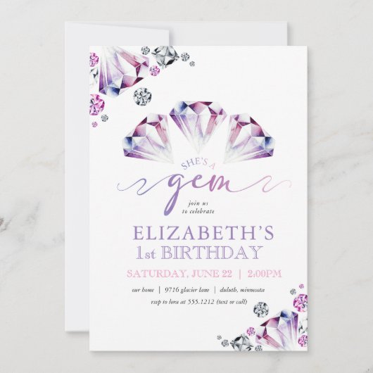 Waterverf Ze is een Gem First Birthday Uitnodiging (Voorkant)