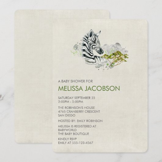 Waterverf Zebra Baby shower uitnodigen Kaart (Voorkant / Achterkant)