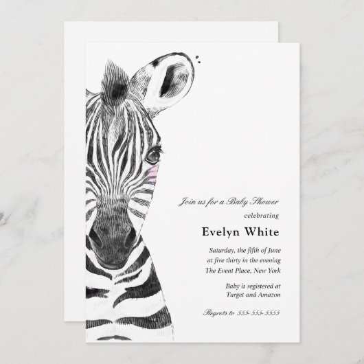 Waterverf Zebra | Baby shower-uitnodiging Kaart (Voorkant / Achterkant)