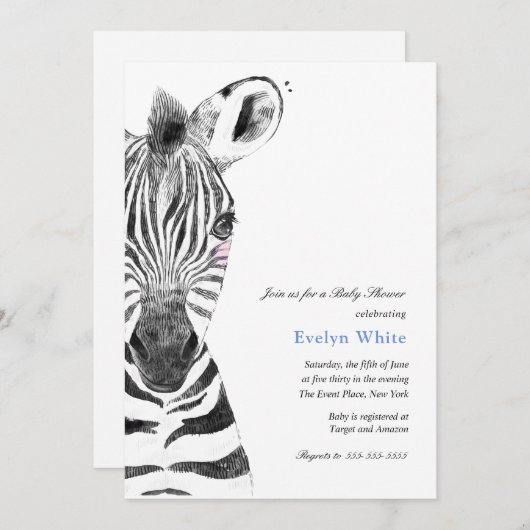 Waterverf Zebra | Baby shower-uitnodiging Kaart (Voorkant / Achterkant)