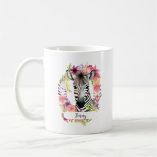 Waterverf Zebra en Bloemenkrans Koffie Mok