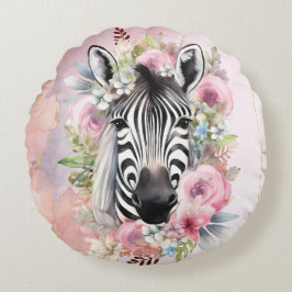 Waterverf Zebra en bloemenkrans Rond Kussen