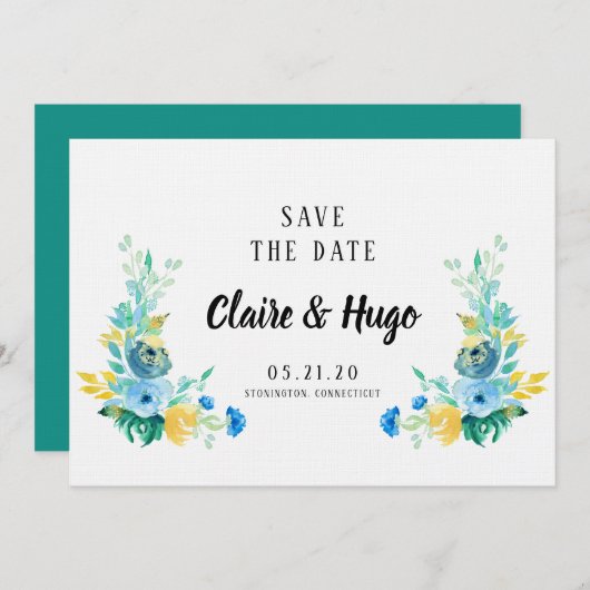 Waterverf Zee Blauw Floral sla de datum op Save The Date (Voorkant / Achterkant)