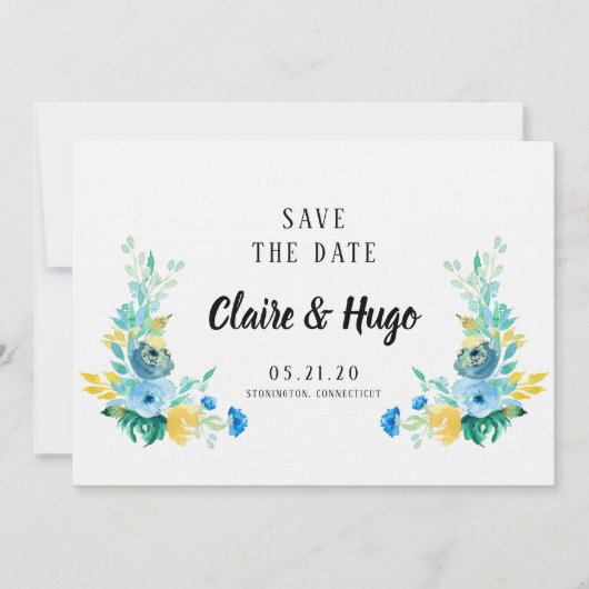 Waterverf Zee Blauw Floral sla de datum op Save The Date (Voorkant)