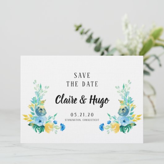 Waterverf Zee Blauw Floral sla de datum op Save The Date (Staand voorkant)