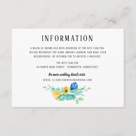 Waterverf Zee Blue Floral Wedding Information Informatiekaartje (Voorkant)