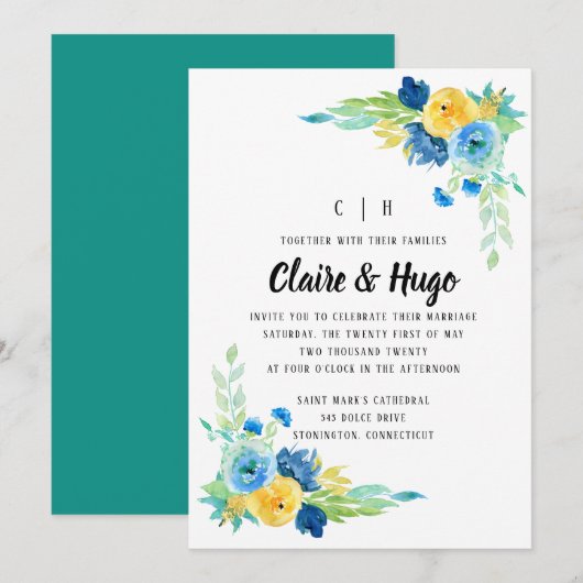 Waterverf Zee Blue Floral Wedding Kaart (Voorkant / Achterkant)
