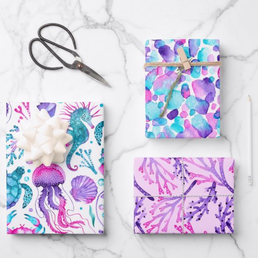 Waterverf Zee Creatures, Paint Strokes en Koraal Inpakpapier Vel (Voorkant)