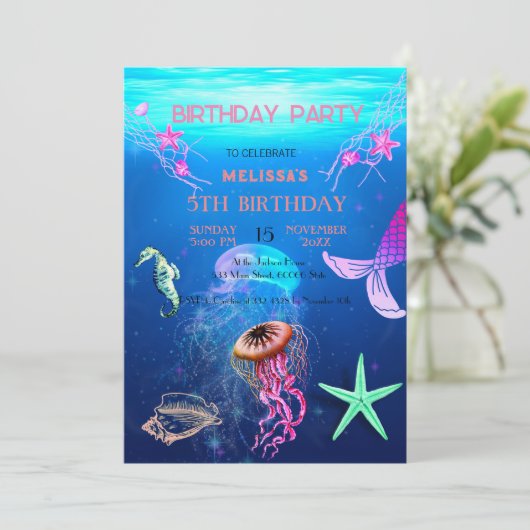 Waterverf Zee Dieren Verjaardagsfeest Uitnodiging (Staand voorkant)
