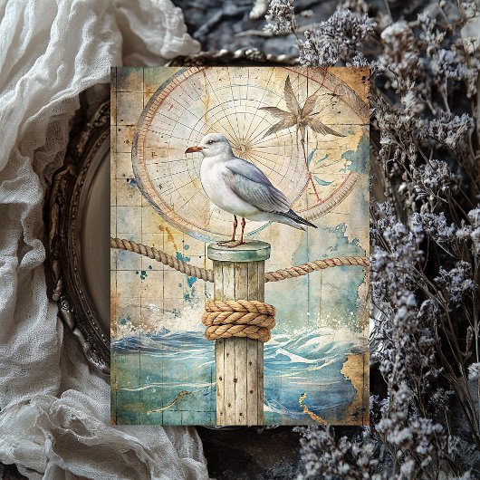 Waterverf  zee Glarus meeuw kompas oude kaart Tissuepapier