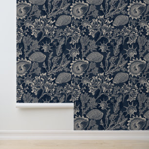 Waterverf Zee Koraal Schelpen Donkerblauw Kust Behang