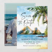 Waterverf Zee palmboom foto Save The Date (Voorkant / Achterkant)