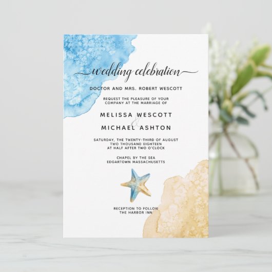 Waterverf Zee + Sand Modern Beach Event Bruiloft Kaart (Staand voorkant)