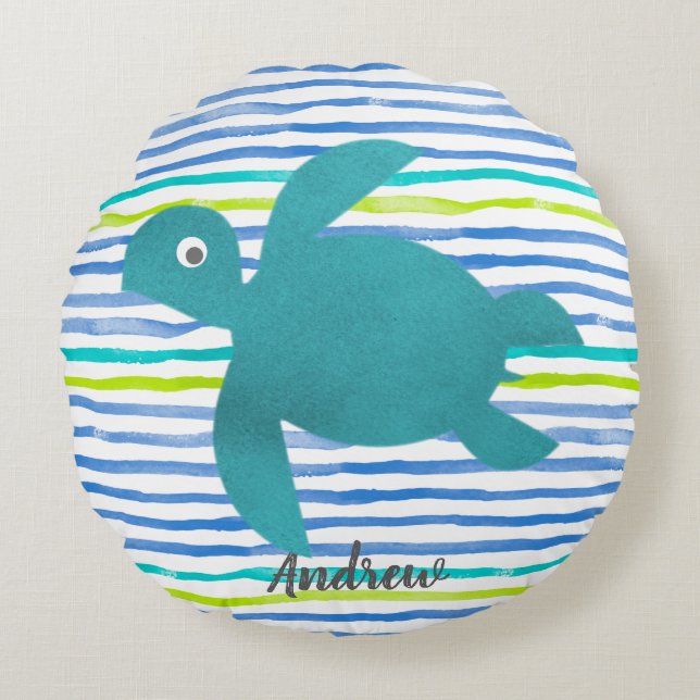 Waterverf Zee Scheepsboomschildpad en -strepen Rond Kussen (Voorkant)