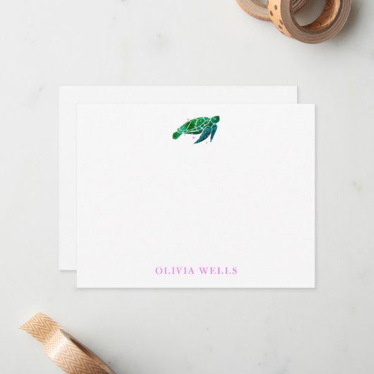 Waterverf Zee schildpad dank u Notitiekaartje (Voorkant / Achterkant in situ)