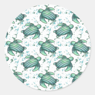 waterverf zee schildpad groen blauw patroondier ronde sticker