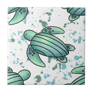waterverf zee schildpad groen blauw patroondier tegeltje