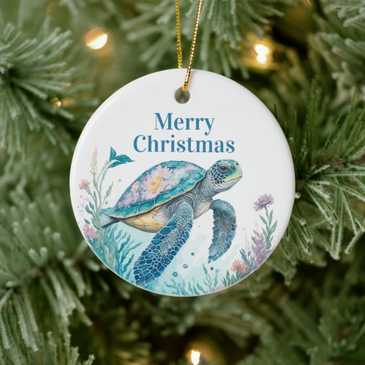 Waterverf Zee Schildpad Kustkerstversiering Keramisch Ornament (Boom)