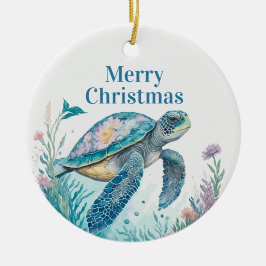 Waterverf Zee Schildpad Kustkerstversiering Keramisch Ornament (Voorkant)