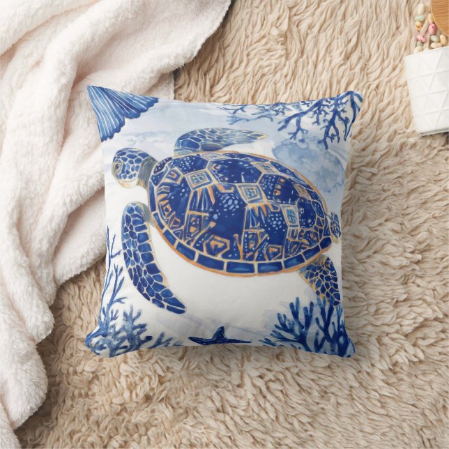 Waterverf Zee Schildpad Oceaan Blauw Kussen (Deken)