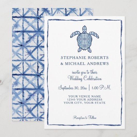 Waterverf Zee Schildpad Strandbruiloft Shibori Ind Kaart (Voorkant / Achterkant)