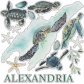 Waterverf Zee Schildpadden Kust Collectie Naam Sticker (Voorkant)