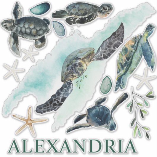 Waterverf Zee Schildpadden Kust Collectie Naam Sticker (Voorkant)