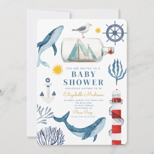 Waterverf Zee Schip, Sailor Whale Zee Baby shower Kaart (Voorkant)