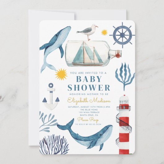 Waterverf Zee Schip, Sailor Whale Zee Baby shower Kaart (Voorkant)