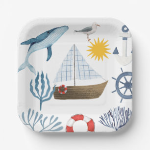 Waterverf Zee Schip, Sailor Whale Zee Baby shower Papieren Bordje