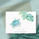 Waterverf Zee Schorrelschildpadden Feestdagenkaart<br><div class="desc">Deze tropische bruidsmeisje kaart is voorzien van mijn originele handgeschilderde waterverf zee schildpad en monstera palmblad groen op een heldere witte achtergrond. De namen worden ingesteld in een modern penseelscript en zonder serieuze typografie. Personaliseer hoe je maar wilt. De voorgestelde kaart in kuststijl verandert in een stevige salie groene kleur....</div>