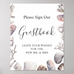 Waterverf Zee Shell Beach Wedding Guestbook Sign Poster