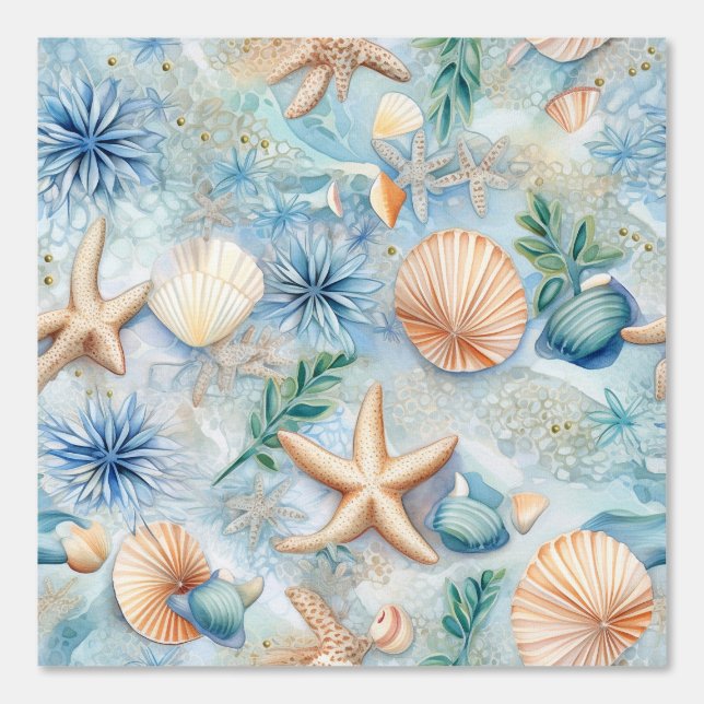 Waterverf Zee Shell Star Vis Blauw Nautisch Behang (Voorkant)