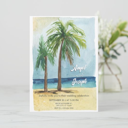 Waterverf zee tropische kokosnoot boom bruiloft kaart (Staand voorkant)