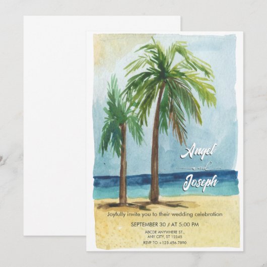 Waterverf zee tropische kokosnoot boom bruiloft kaart (Voorkant / Achterkant)
