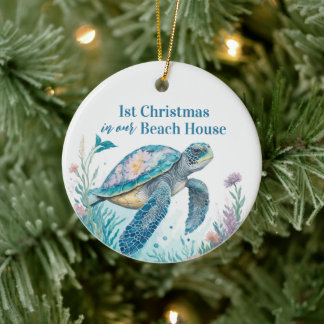 Waterverf Zee Turtle 1st Christmas Beach House Keramisch Ornament