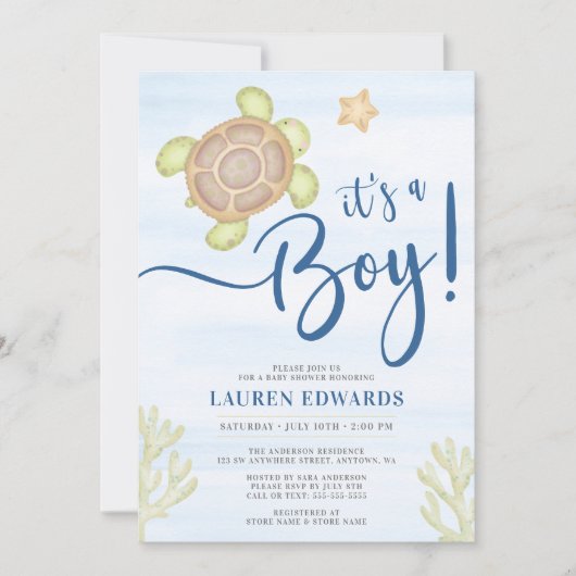 Waterverf Zee Turtle Boy Baby shower Kaart (Voorkant)