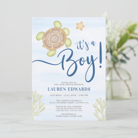 Waterverf Zee Turtle Boy Baby shower Kaart (Staand voorkant)