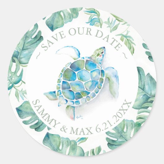 Waterverf Zee Turtle & Greenery Envelope Seal Ronde Sticker (Voorkant)