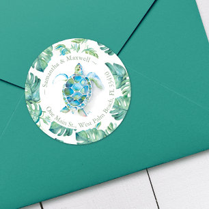Waterverf Zee Turtle & Greenery Return-adres Ronde Sticker