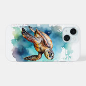 Waterverf Zee Turtle iPhone 15 Case (Achterkant horizontaal)