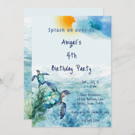 Waterverf Zee Turtle Kind verjaardagsfeestje Kaart (Voorkant / Achterkant)