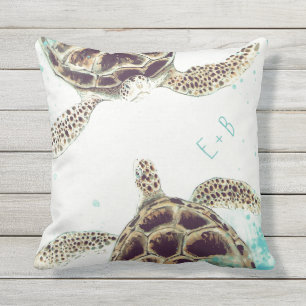 Waterverf Zee Turtle Love Designer Gepersonaliseer Buitenkussen
