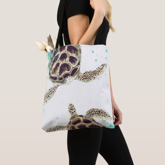 Waterverf Zee Turtle Love Designer Tote Bag (Dichtbij)