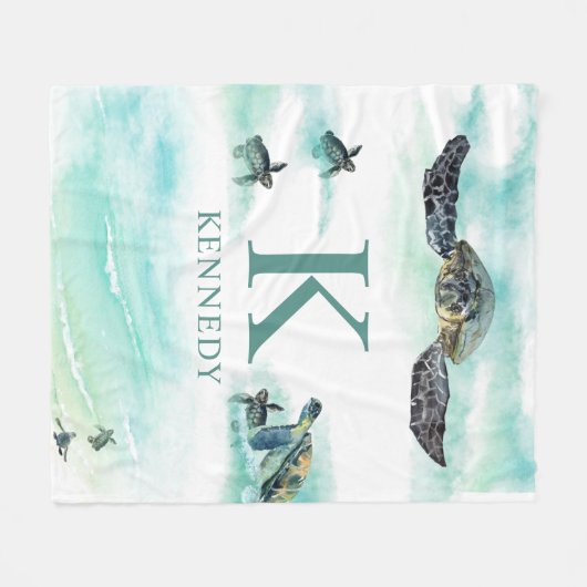 Waterverf Zee Turtle Ocean Monogram Naam Fleece Deken (Voorkant (Horizontaal))