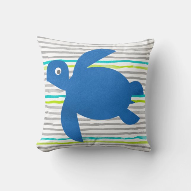 Waterverf Zee Turtle Shibori Streep Reversible Kussen (Voorkant)