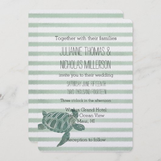 Waterverf Zee Turtle Stripes Bruiloft Kaart (Voorkant / Achterkant)